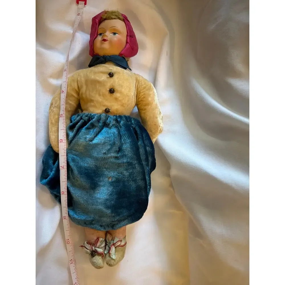 Vintage Cloth Doll Painted Face Bonnet Blue Velvet Dress Handmade 11
